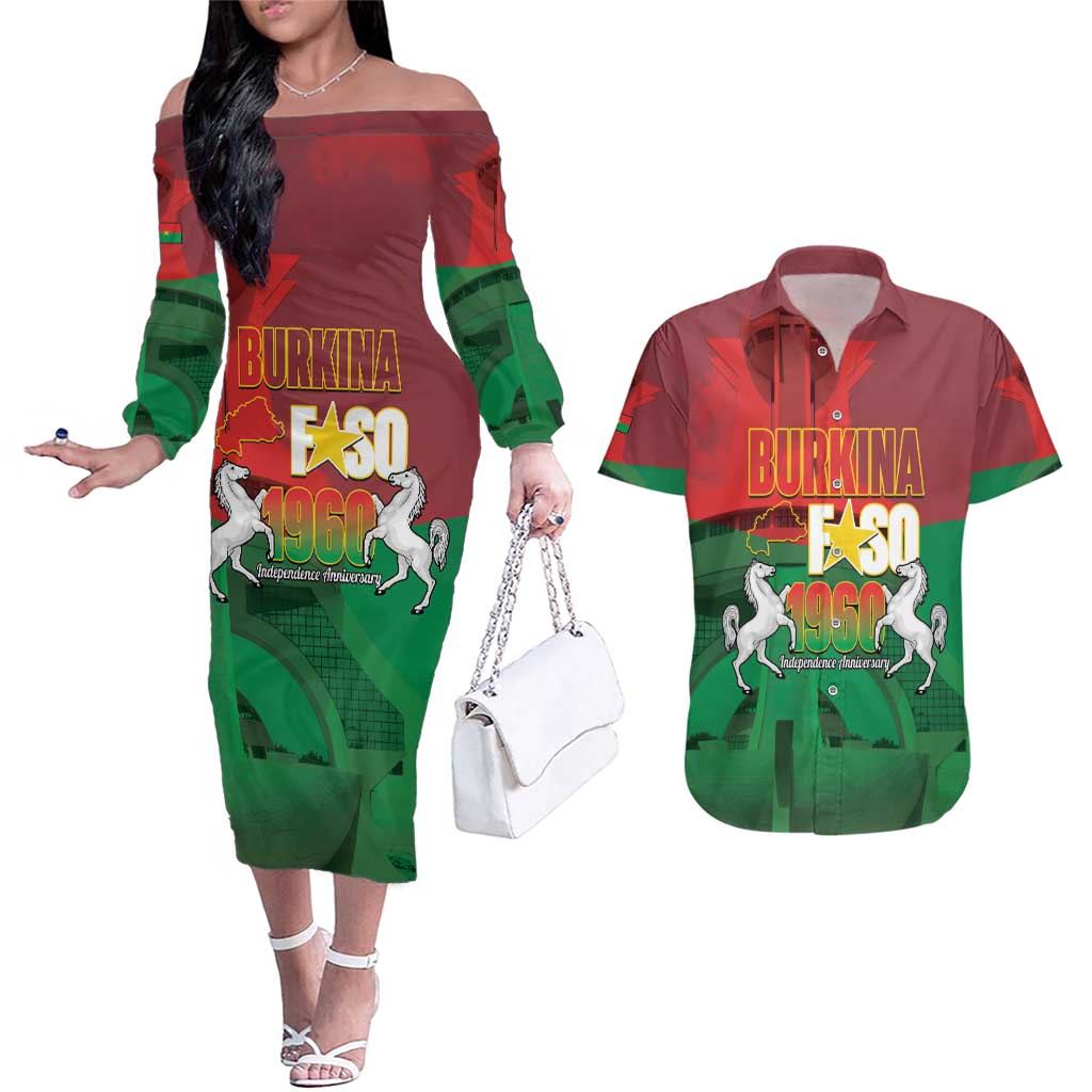 Burkina Faso Independence Day Couples Matching Off The Shoulder Long Sleeve Dress and Hawaiian Shirt National Heroes Monument Proud