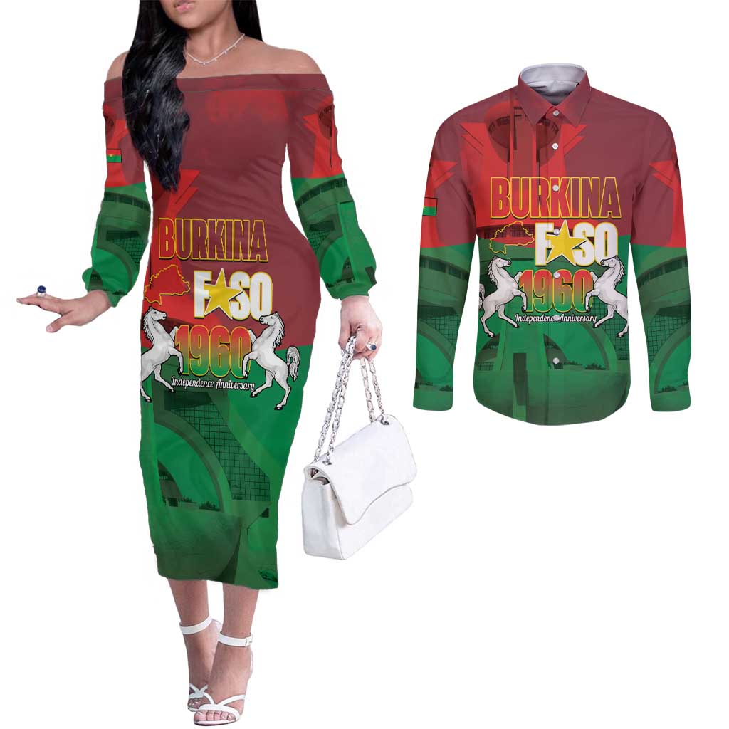 Burkina Faso Independence Day Couples Matching Off The Shoulder Long Sleeve Dress and Long Sleeve Button Shirt National Heroes Monument Proud