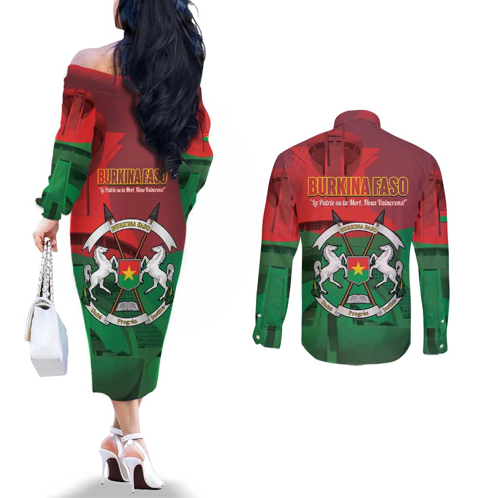 Burkina Faso Independence Day Couples Matching Off The Shoulder Long Sleeve Dress and Long Sleeve Button Shirt National Heroes Monument Proud