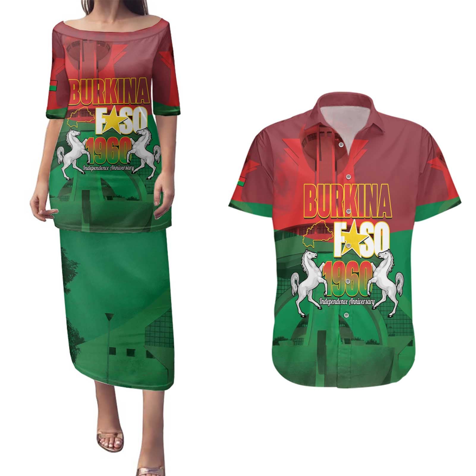 Burkina Faso Independence Day Couples Matching Puletasi and Hawaiian Shirt National Heroes Monument Proud