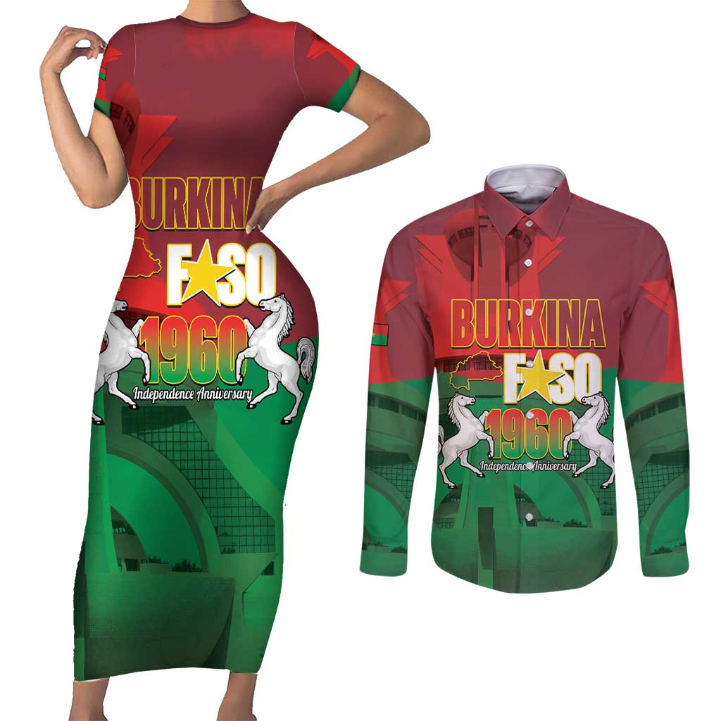 Burkina Faso Independence Day Couples Matching Short Sleeve Bodycon Dress and Long Sleeve Button Shirt National Heroes Monument Proud