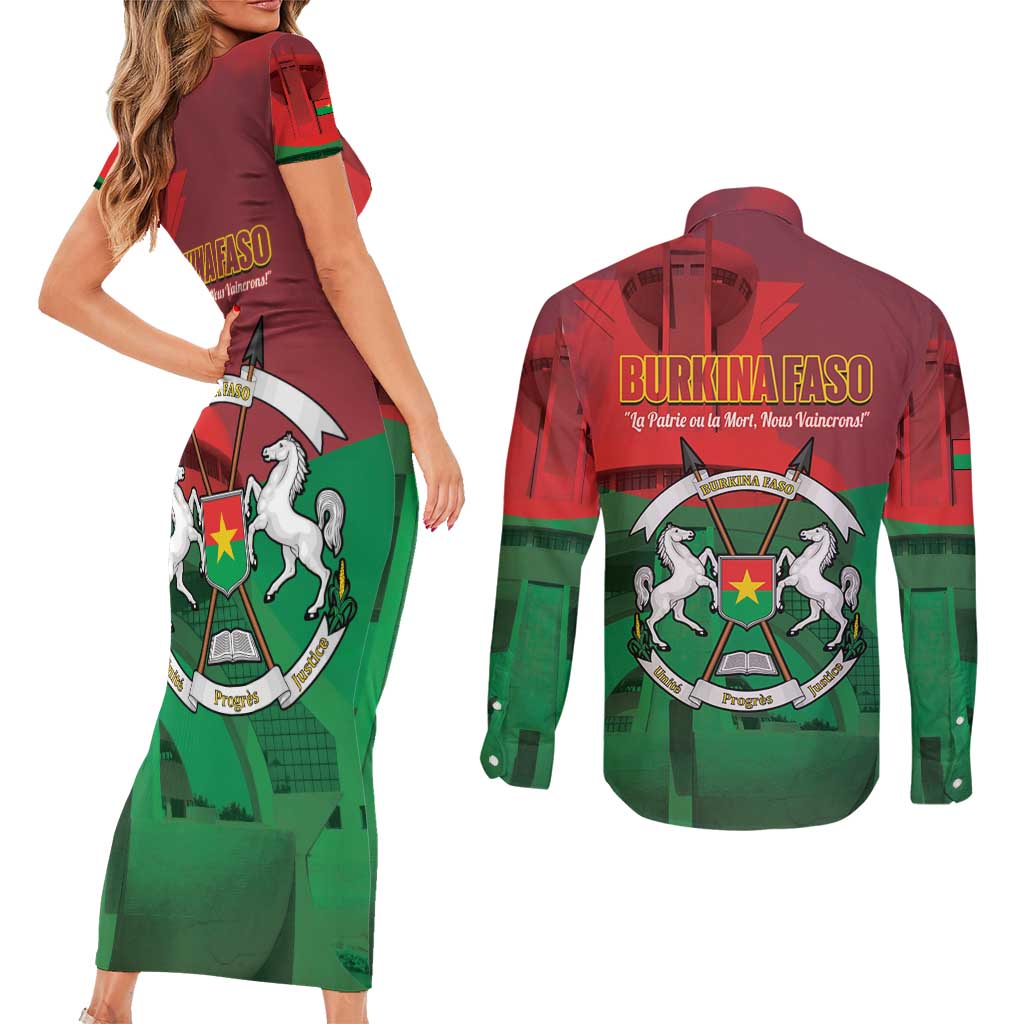 Burkina Faso Independence Day Couples Matching Short Sleeve Bodycon Dress and Long Sleeve Button Shirt National Heroes Monument Proud