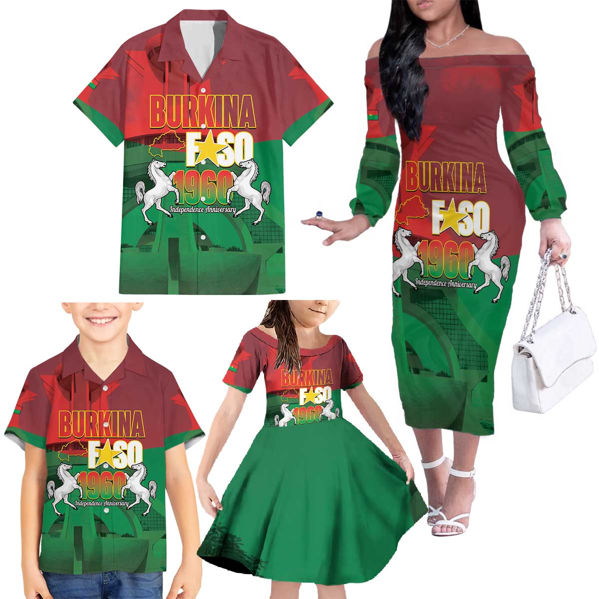 Burkina Faso Independence Day Family Matching Off The Shoulder Long Sleeve Dress and Hawaiian Shirt National Heroes Monument Proud