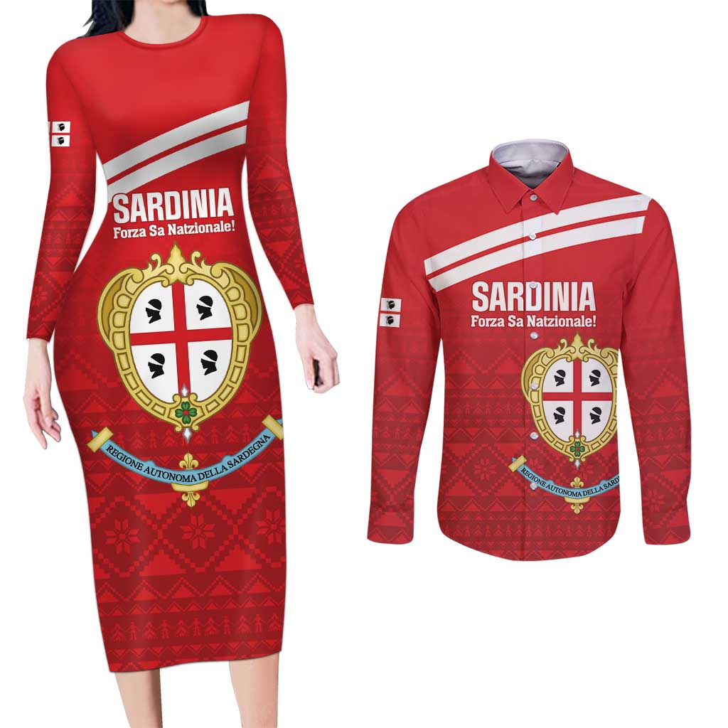 Custom Sardinia Football Couples Matching Long Sleeve Bodycon Dress and Long Sleeve Button Shirt Forza Sa Natzionale Sardegna Pattern
