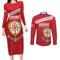 Custom Sardinia Football Couples Matching Long Sleeve Bodycon Dress and Long Sleeve Button Shirt Forza Sa Natzionale Sardegna Pattern