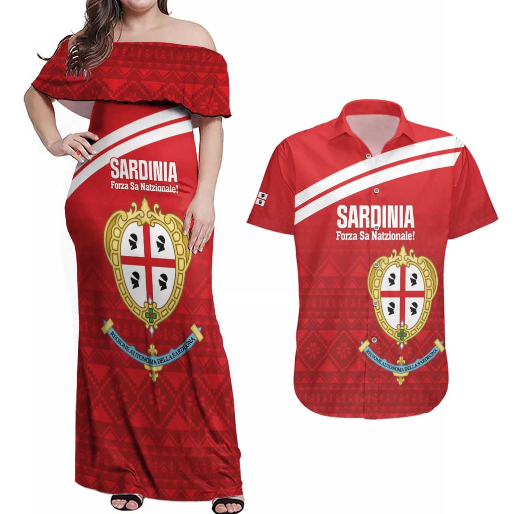 Custom Sardinia Football Couples Matching Off Shoulder Maxi Dress and Hawaiian Shirt Forza Sa Natzionale Sardegna Pattern