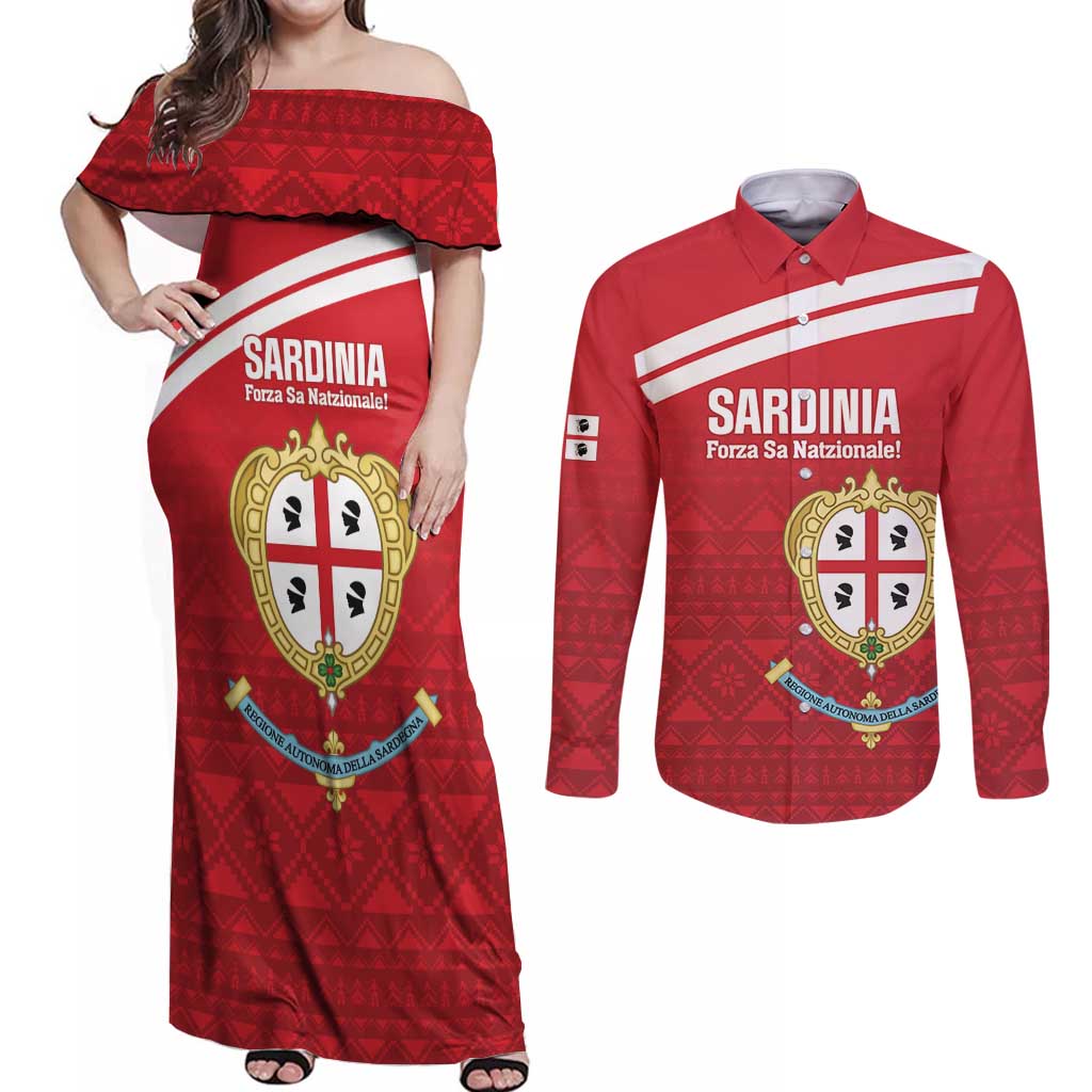 Custom Sardinia Football Couples Matching Off Shoulder Maxi Dress and Long Sleeve Button Shirt Forza Sa Natzionale Sardegna Pattern