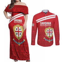 Custom Sardinia Football Couples Matching Off Shoulder Maxi Dress and Long Sleeve Button Shirt Forza Sa Natzionale Sardegna Pattern