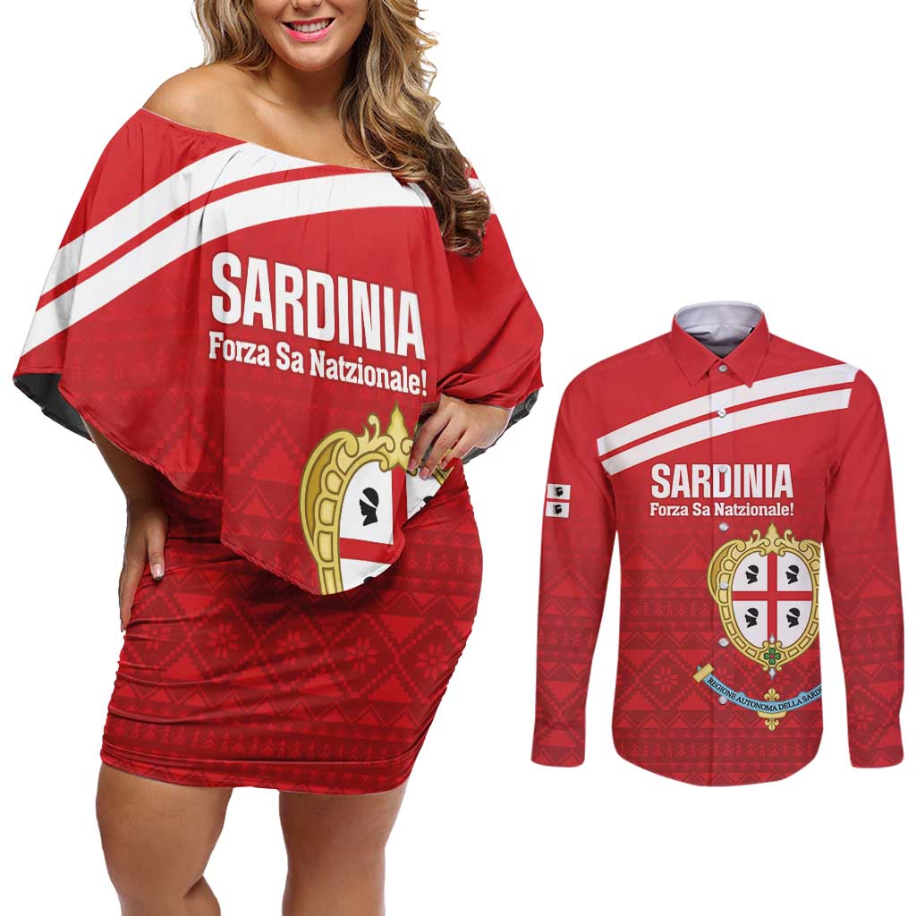 Custom Sardinia Football Couples Matching Off Shoulder Short Dress and Long Sleeve Button Shirt Forza Sa Natzionale Sardegna Pattern