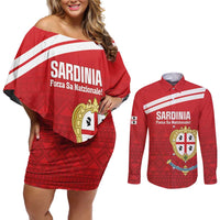 Custom Sardinia Football Couples Matching Off Shoulder Short Dress and Long Sleeve Button Shirt Forza Sa Natzionale Sardegna Pattern