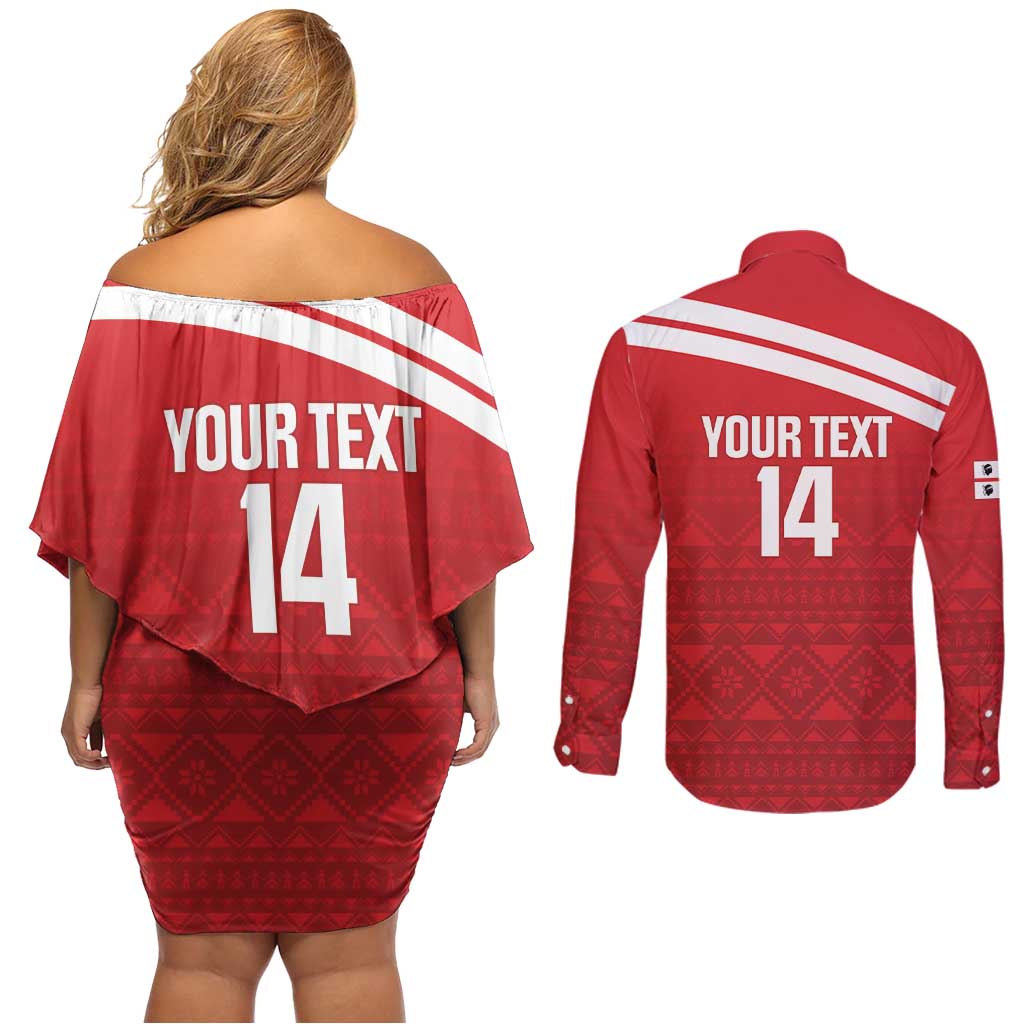 Custom Sardinia Football Couples Matching Off Shoulder Short Dress and Long Sleeve Button Shirt Forza Sa Natzionale Sardegna Pattern