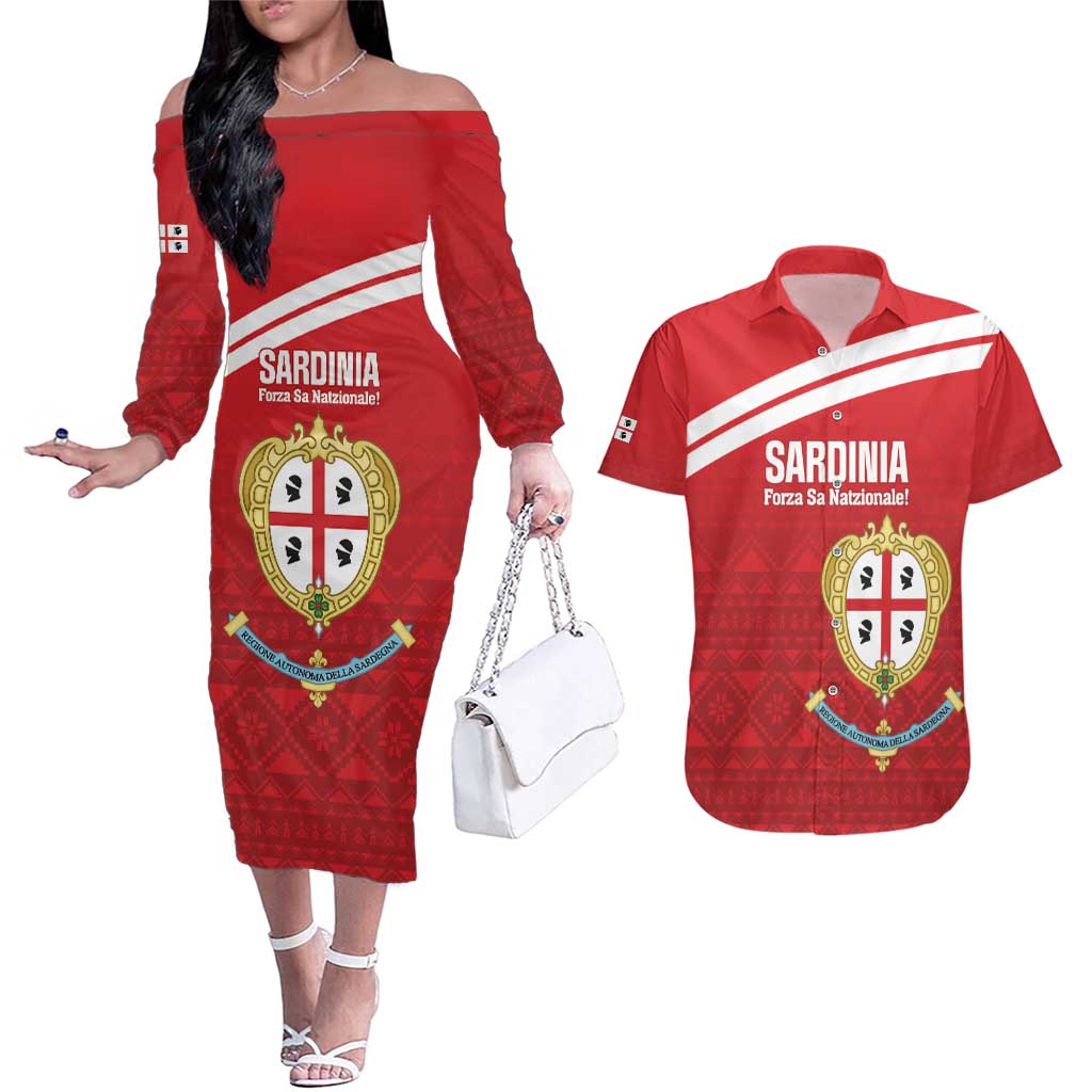 Custom Sardinia Football Couples Matching Off The Shoulder Long Sleeve Dress and Hawaiian Shirt Forza Sa Natzionale Sardegna Pattern