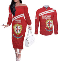 Custom Sardinia Football Couples Matching Off The Shoulder Long Sleeve Dress and Long Sleeve Button Shirt Forza Sa Natzionale Sardegna Pattern