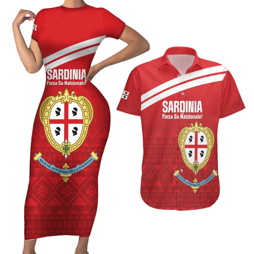 Custom Sardinia Football Couples Matching Short Sleeve Bodycon Dress and Hawaiian Shirt Forza Sa Natzionale Sardegna Pattern