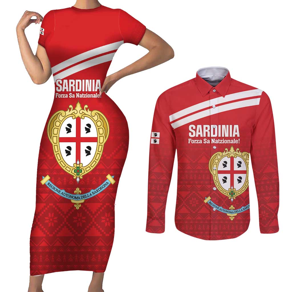 Custom Sardinia Football Couples Matching Short Sleeve Bodycon Dress and Long Sleeve Button Shirt Forza Sa Natzionale Sardegna Pattern