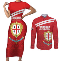 Custom Sardinia Football Couples Matching Short Sleeve Bodycon Dress and Long Sleeve Button Shirt Forza Sa Natzionale Sardegna Pattern