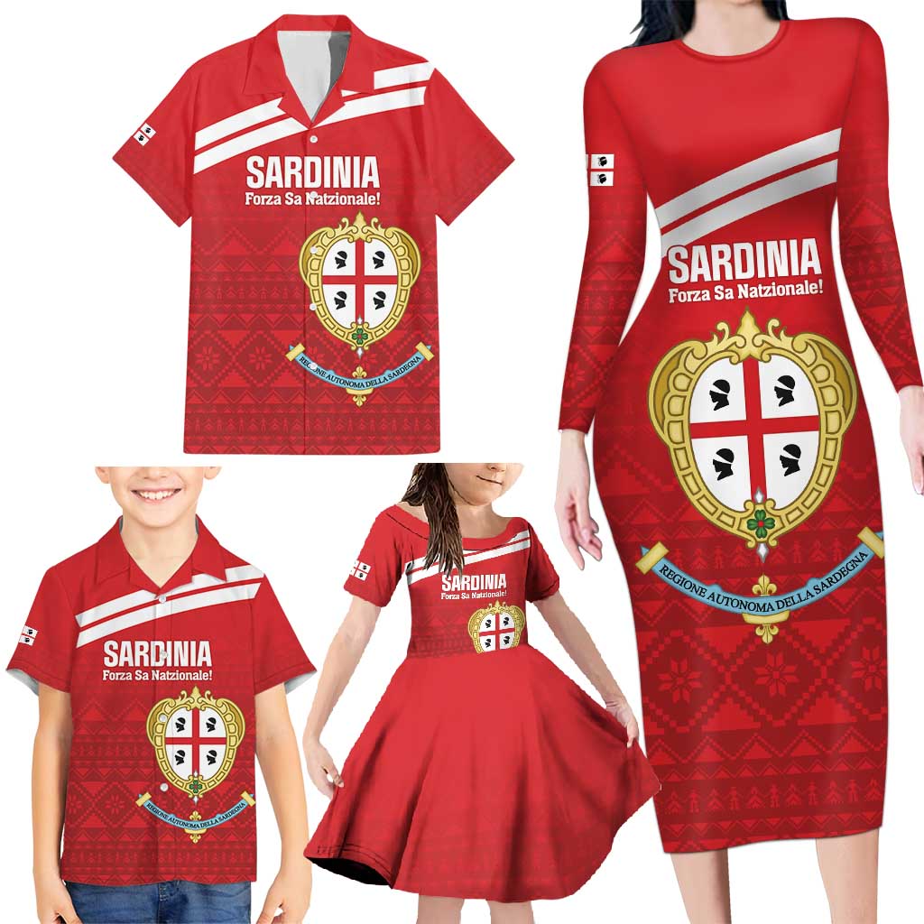 Custom Sardinia Football Family Matching Long Sleeve Bodycon Dress and Hawaiian Shirt Forza Sa Natzionale Sardegna Pattern