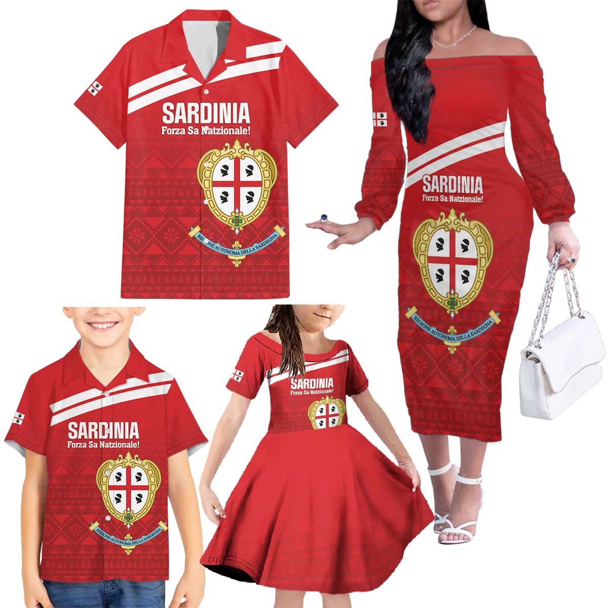 Custom Sardinia Football Family Matching Off The Shoulder Long Sleeve Dress and Hawaiian Shirt Forza Sa Natzionale Sardegna Pattern
