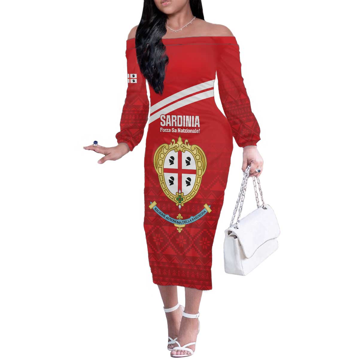 Custom Sardinia Football Family Matching Off The Shoulder Long Sleeve Dress and Hawaiian Shirt Forza Sa Natzionale Sardegna Pattern