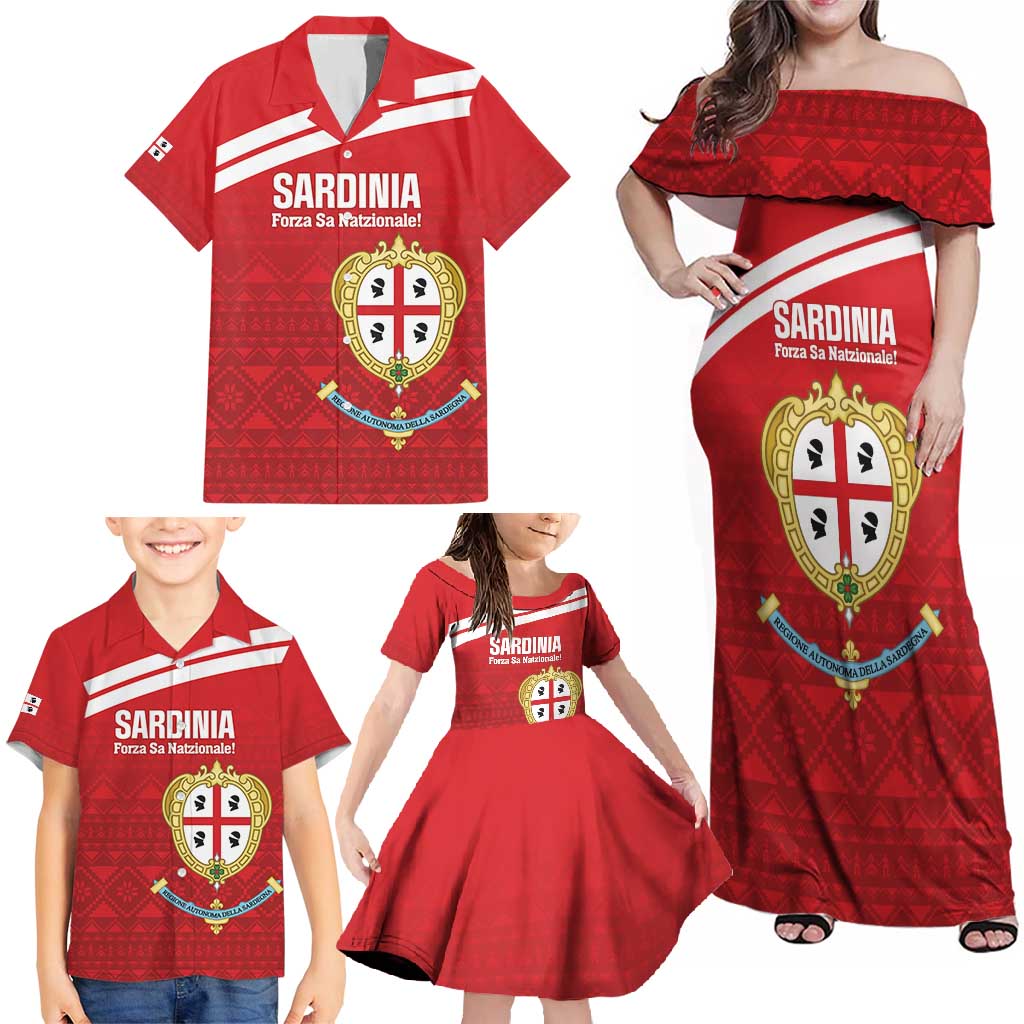 Custom Sardinia Football Family Matching Off Shoulder Maxi Dress and Hawaiian Shirt Forza Sa Natzionale Sardegna Pattern