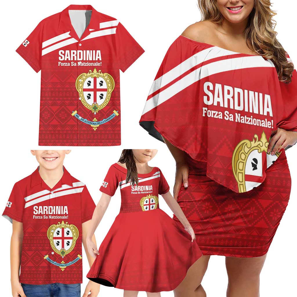 Custom Sardinia Football Family Matching Off Shoulder Short Dress and Hawaiian Shirt Forza Sa Natzionale Sardegna Pattern