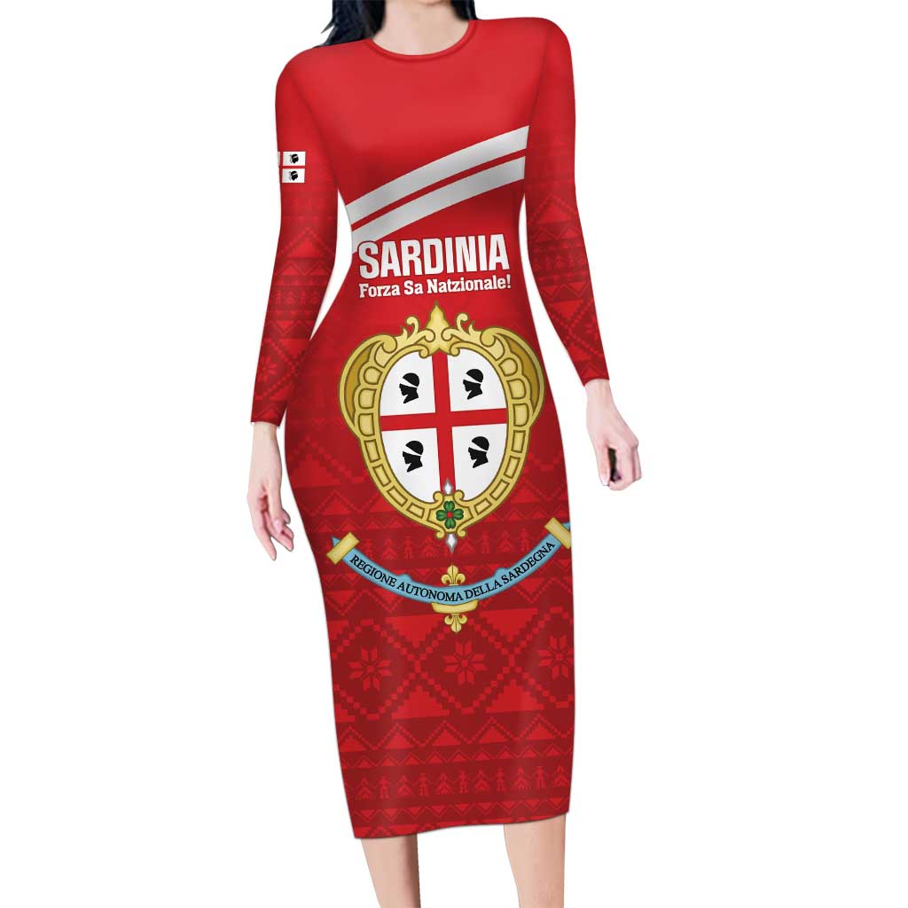Custom Sardinia Football Long Sleeve Bodycon Dress Forza Sa Natzionale Sardegna Pattern