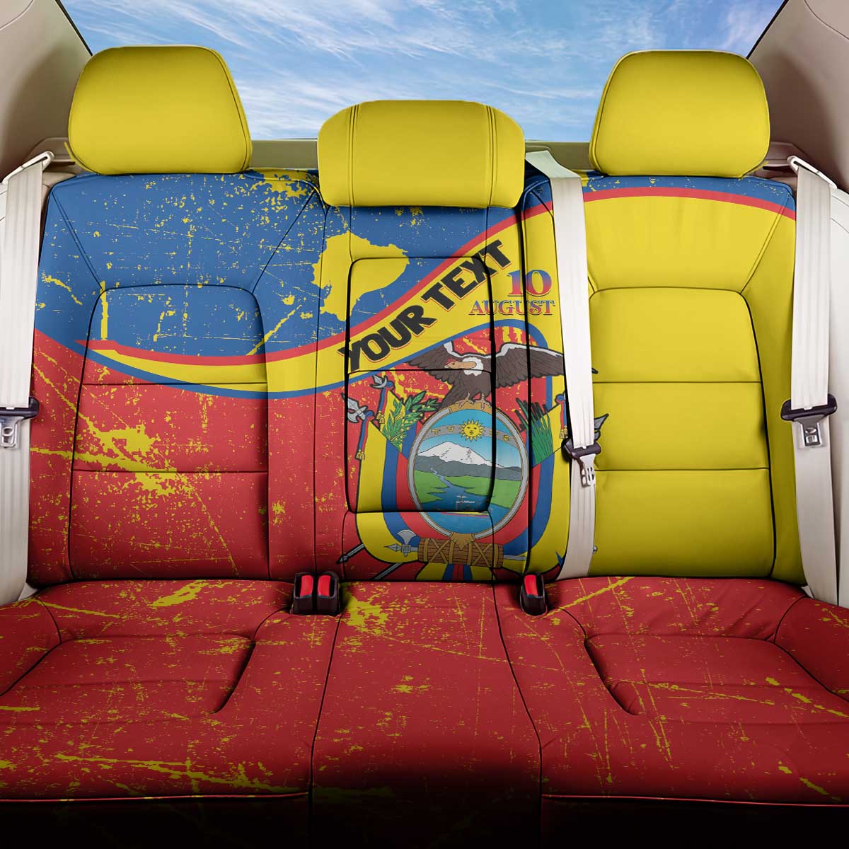 Personalized Ecuador Independence Day Back Car Seat Cover Coat Of Arms Grunge Style - Wonder Print Shop