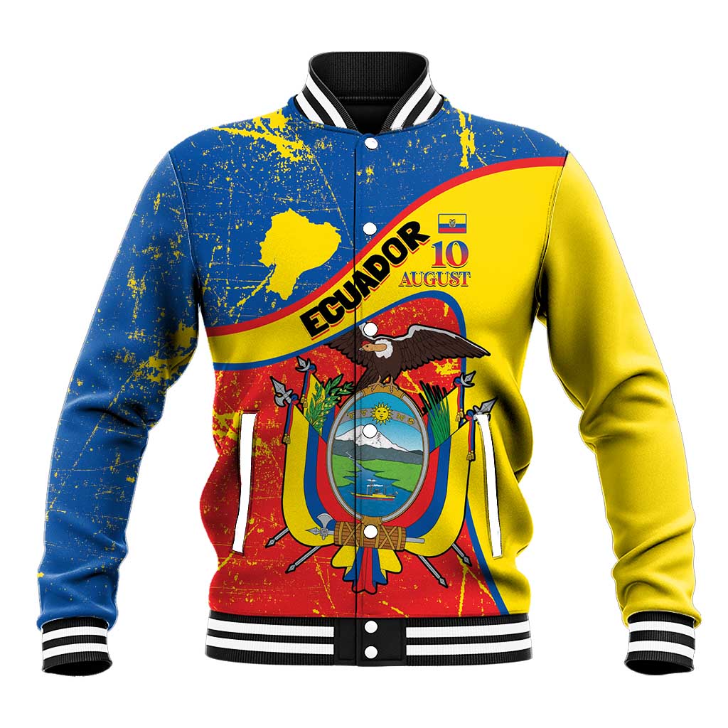 Personalized Ecuador Independence Day Baseball Jacket Coat Of Arms Grunge Style - Wonder Print Shop