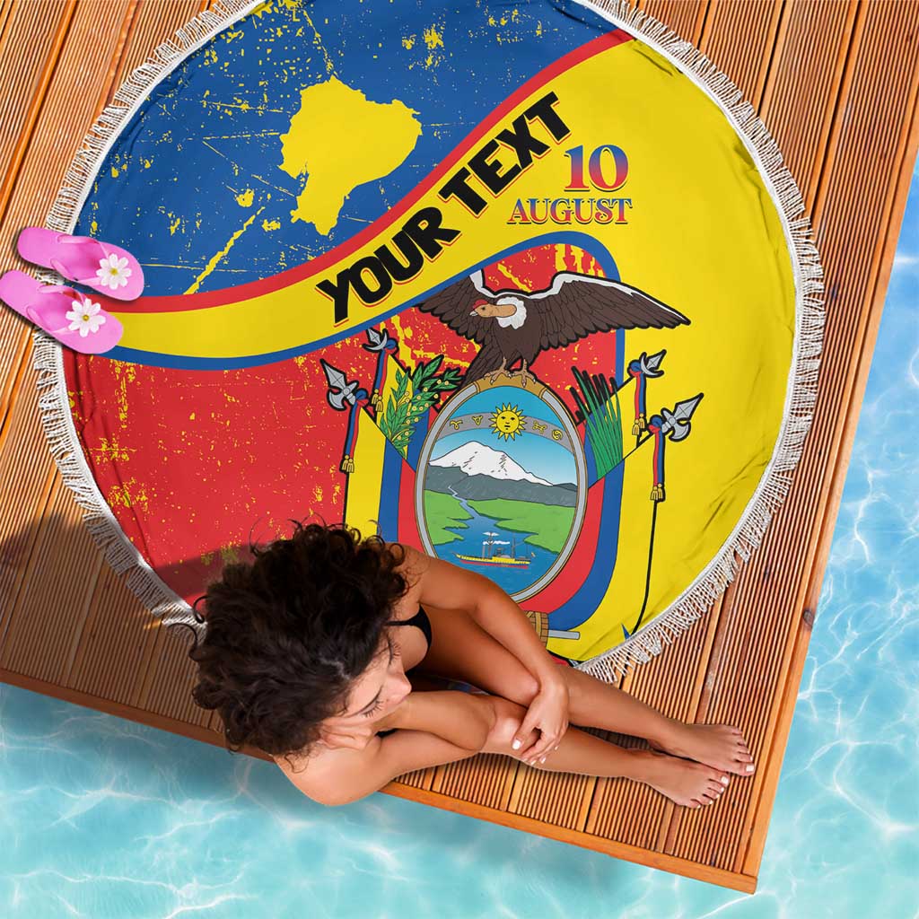 Personalized Ecuador Independence Day Beach Blanket Coat Of Arms Grunge Style - Wonder Print Shop