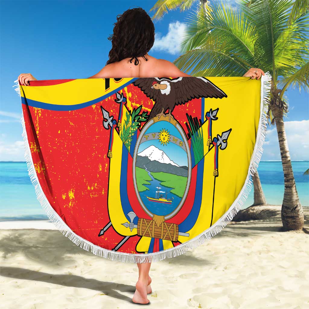 Personalized Ecuador Independence Day Beach Blanket Coat Of Arms Grunge Style - Wonder Print Shop