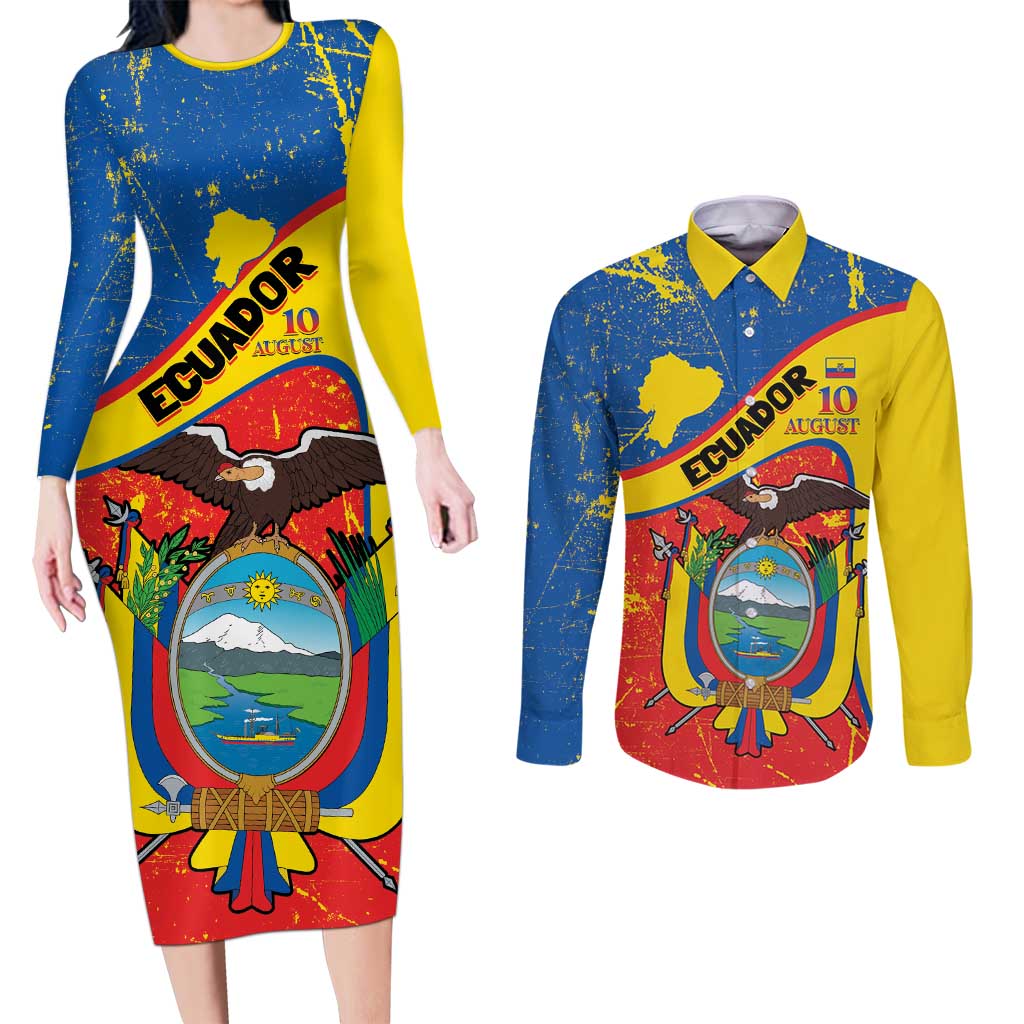 Personalized Ecuador Independence Day Couples Matching Long Sleeve Bodycon Dress and Long Sleeve Button Shirt Coat Of Arms Grunge Style - Wonder Print Shop
