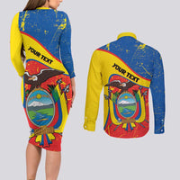 Personalized Ecuador Independence Day Couples Matching Long Sleeve Bodycon Dress and Long Sleeve Button Shirt Coat Of Arms Grunge Style - Wonder Print Shop