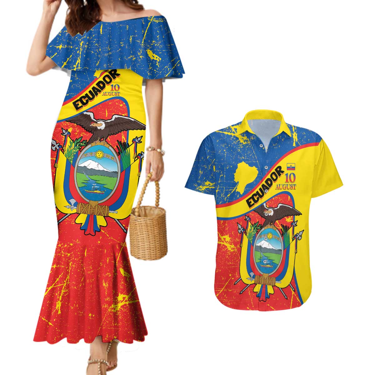 Personalized Ecuador Independence Day Couples Matching Mermaid Dress and Hawaiian Shirt Coat Of Arms Grunge Style - Wonder Print Shop