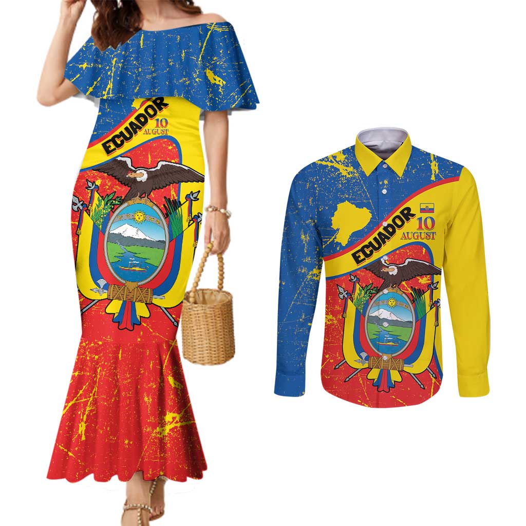 Personalized Ecuador Independence Day Couples Matching Mermaid Dress and Long Sleeve Button Shirt Coat Of Arms Grunge Style - Wonder Print Shop