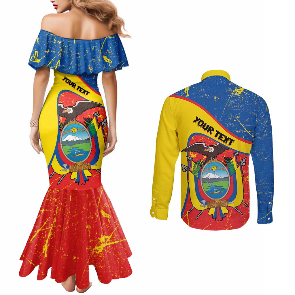 Personalized Ecuador Independence Day Couples Matching Mermaid Dress and Long Sleeve Button Shirt Coat Of Arms Grunge Style - Wonder Print Shop