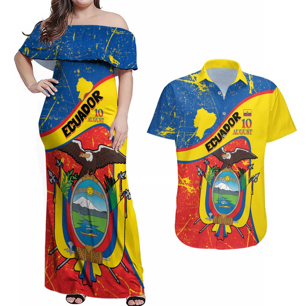 Personalized Ecuador Independence Day Couples Matching Off Shoulder Maxi Dress and Hawaiian Shirt Coat Of Arms Grunge Style - Wonder Print Shop