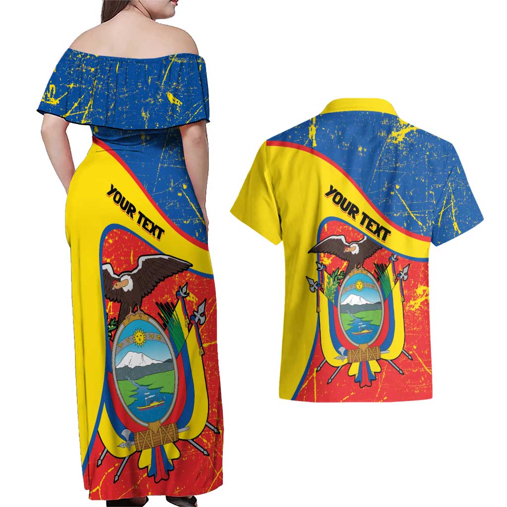 Personalized Ecuador Independence Day Couples Matching Off Shoulder Maxi Dress and Hawaiian Shirt Coat Of Arms Grunge Style - Wonder Print Shop