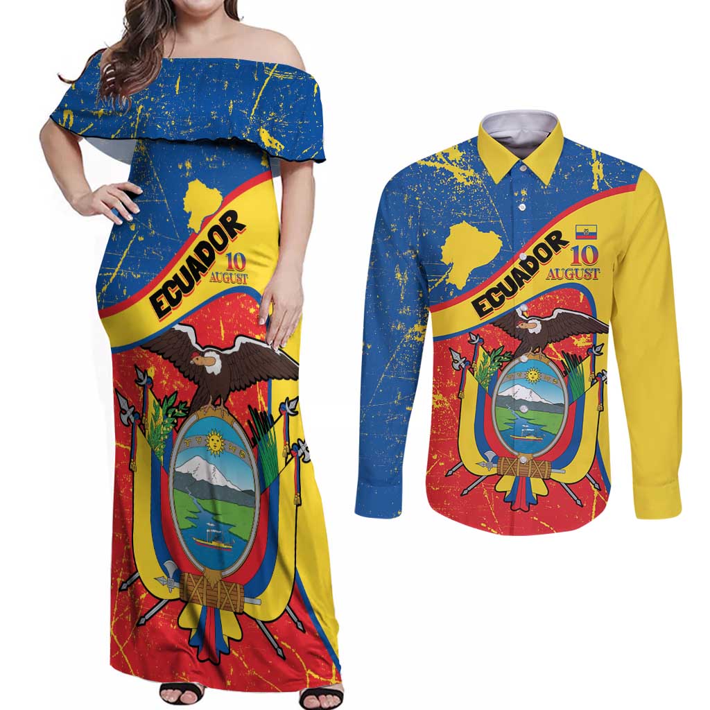 Personalized Ecuador Independence Day Couples Matching Off Shoulder Maxi Dress and Long Sleeve Button Shirt Coat Of Arms Grunge Style - Wonder Print Shop