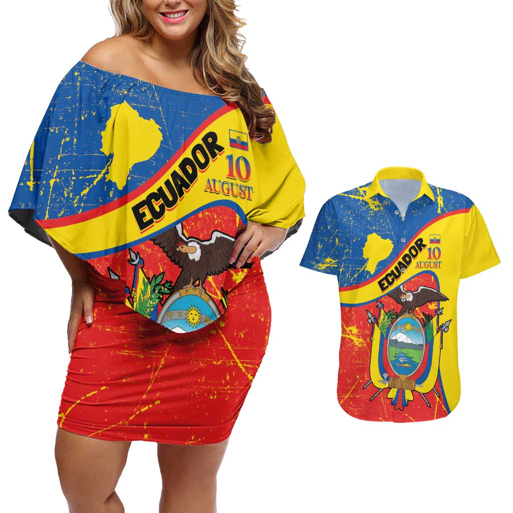 Personalized Ecuador Independence Day Couples Matching Off Shoulder Short Dress and Hawaiian Shirt Coat Of Arms Grunge Style - Wonder Print Shop
