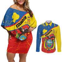 Personalized Ecuador Independence Day Couples Matching Off Shoulder Short Dress and Long Sleeve Button Shirt Coat Of Arms Grunge Style - Wonder Print Shop