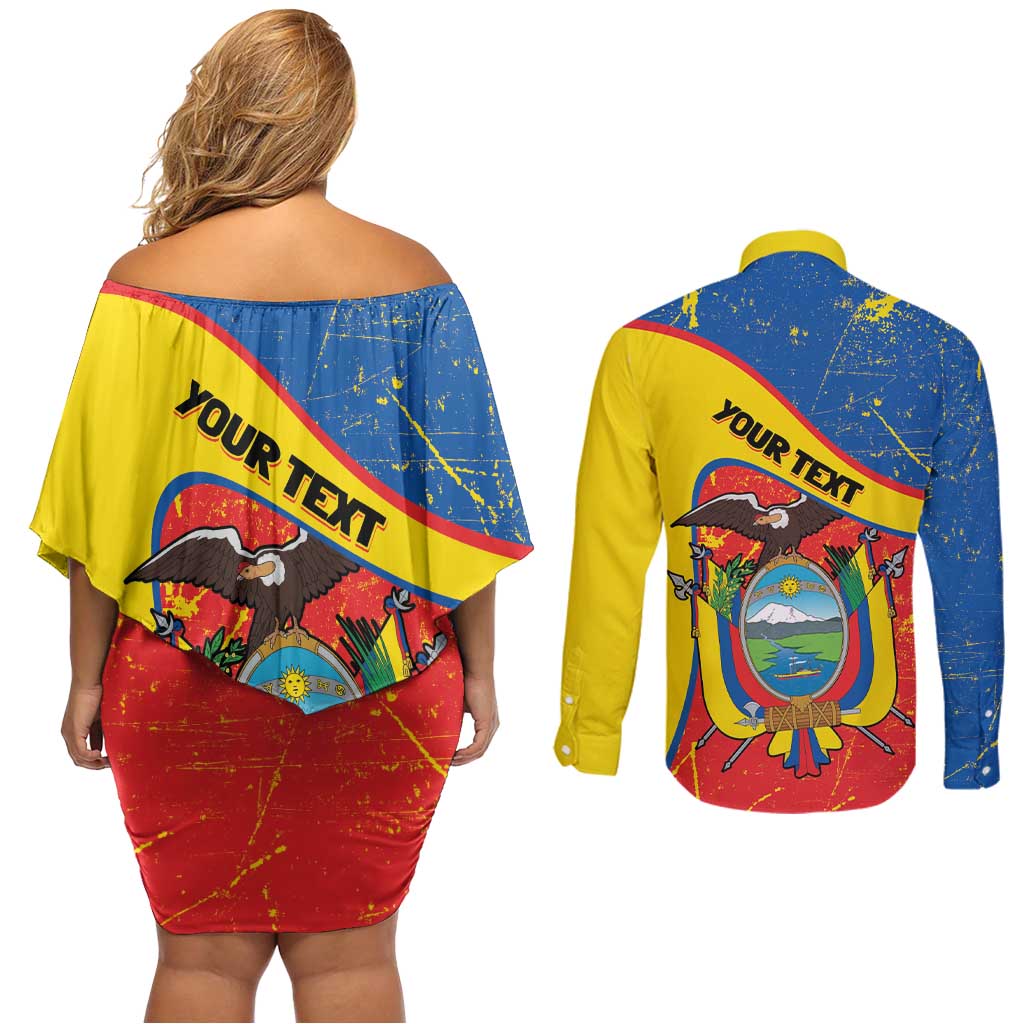 Personalized Ecuador Independence Day Couples Matching Off Shoulder Short Dress and Long Sleeve Button Shirt Coat Of Arms Grunge Style - Wonder Print Shop