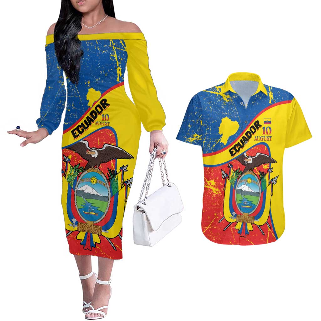 Personalized Ecuador Independence Day Couples Matching Off The Shoulder Long Sleeve Dress and Hawaiian Shirt Coat Of Arms Grunge Style - Wonder Print Shop