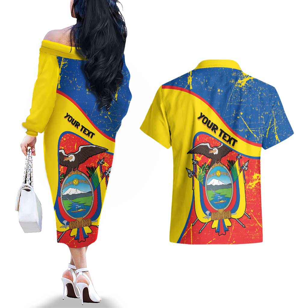 Personalized Ecuador Independence Day Couples Matching Off The Shoulder Long Sleeve Dress and Hawaiian Shirt Coat Of Arms Grunge Style - Wonder Print Shop