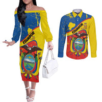 Personalized Ecuador Independence Day Couples Matching Off The Shoulder Long Sleeve Dress and Long Sleeve Button Shirt Coat Of Arms Grunge Style - Wonder Print Shop