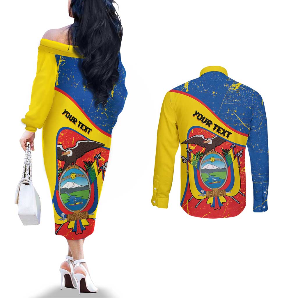 Personalized Ecuador Independence Day Couples Matching Off The Shoulder Long Sleeve Dress and Long Sleeve Button Shirt Coat Of Arms Grunge Style - Wonder Print Shop
