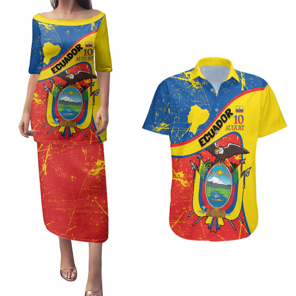 Personalized Ecuador Independence Day Couples Matching Puletasi and Hawaiian Shirt Coat Of Arms Grunge Style - Wonder Print Shop
