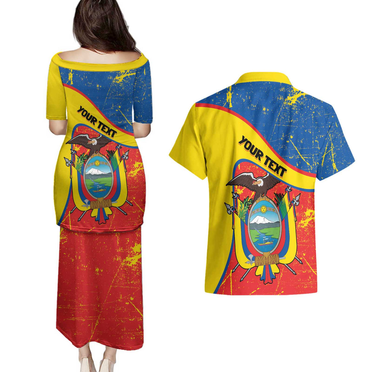 Personalized Ecuador Independence Day Couples Matching Puletasi and Hawaiian Shirt Coat Of Arms Grunge Style - Wonder Print Shop