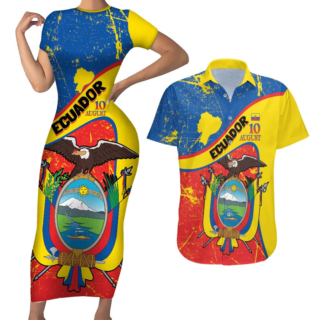 Personalized Ecuador Independence Day Couples Matching Short Sleeve Bodycon Dress and Hawaiian Shirt Coat Of Arms Grunge Style - Wonder Print Shop