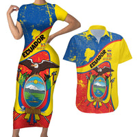 Personalized Ecuador Independence Day Couples Matching Short Sleeve Bodycon Dress and Hawaiian Shirt Coat Of Arms Grunge Style - Wonder Print Shop
