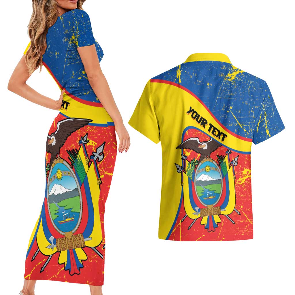 Personalized Ecuador Independence Day Couples Matching Short Sleeve Bodycon Dress and Hawaiian Shirt Coat Of Arms Grunge Style - Wonder Print Shop